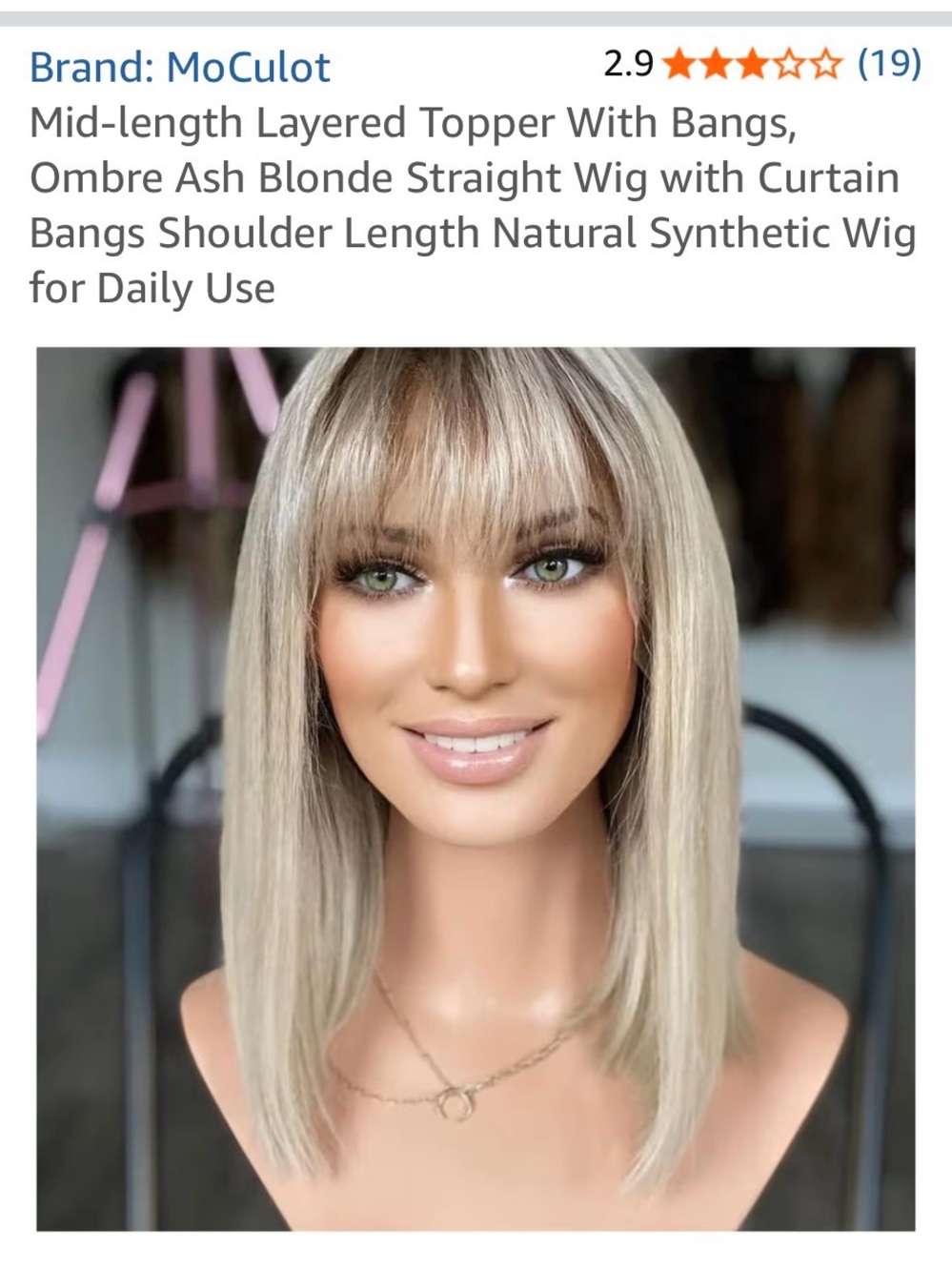Ombre Ash Blonde Mid-Length Layered Wig TOPPER with Bangs